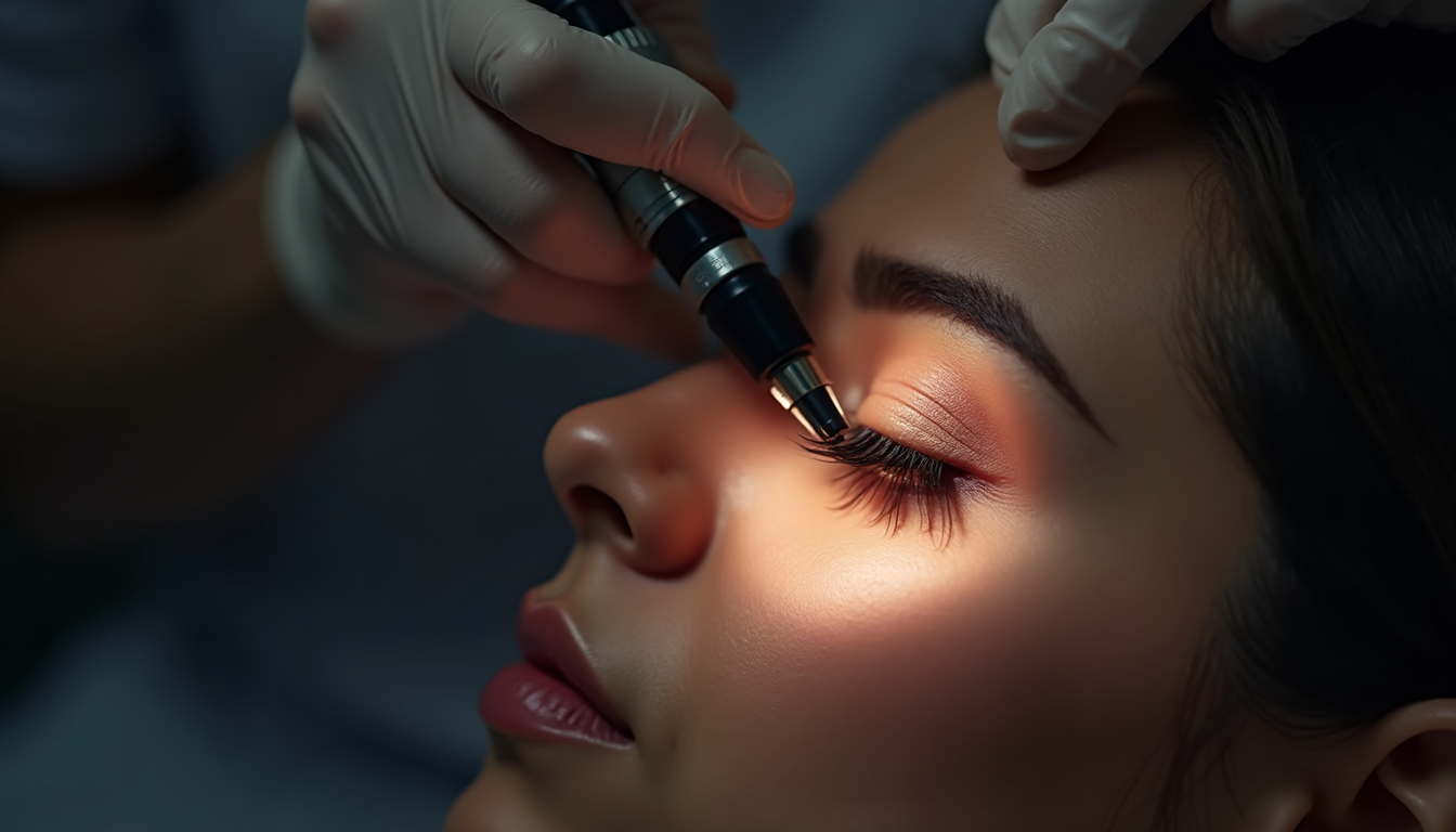 Un aparat de micropigmentare modern, cu un design elegant, așezat pe o masă de lucru curată, cu accesorii și pigmenți