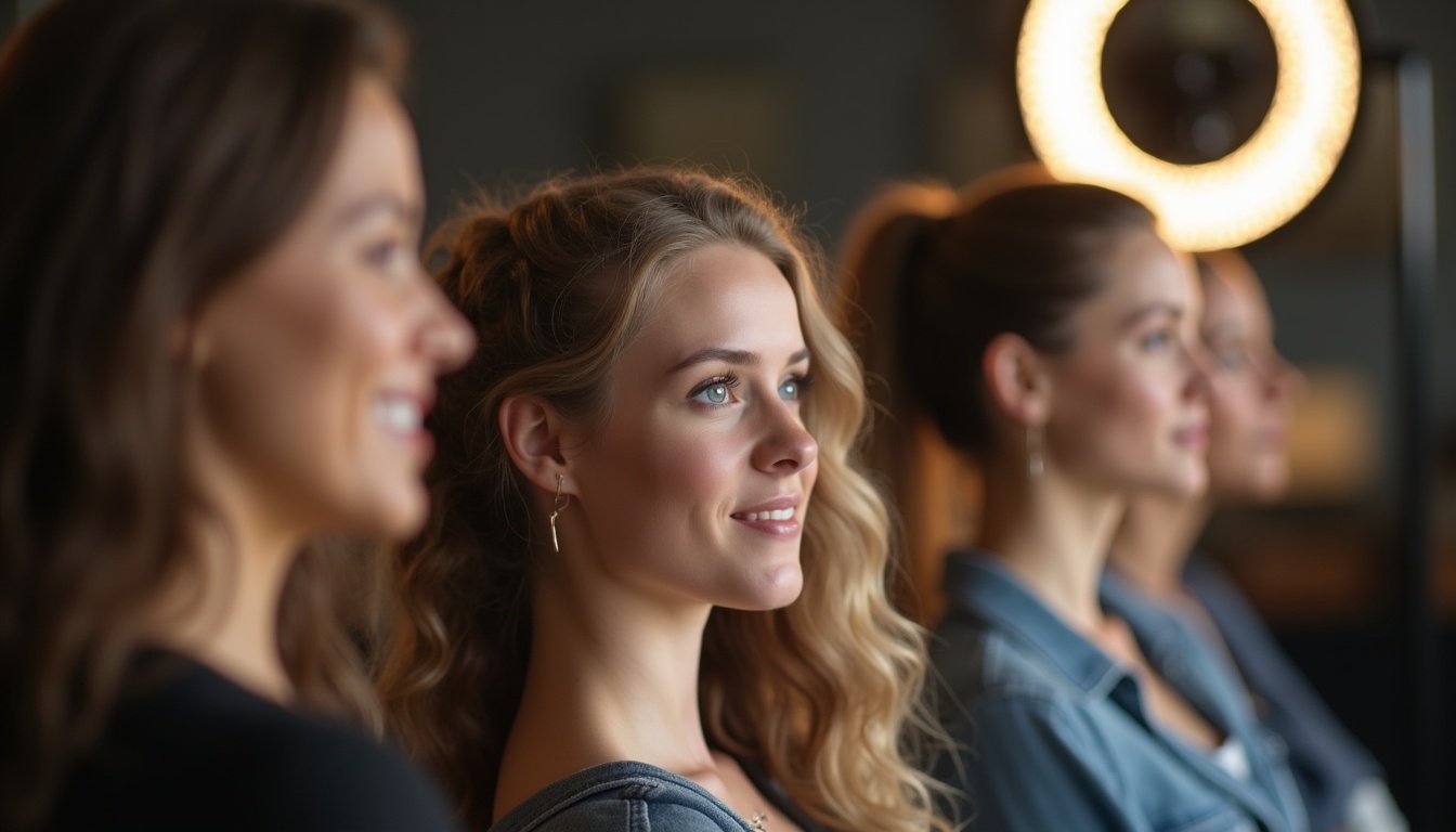 O studentă fericită la cursuri în Academia Elena Copăceanu, cu instrumente de beauty pe masă.