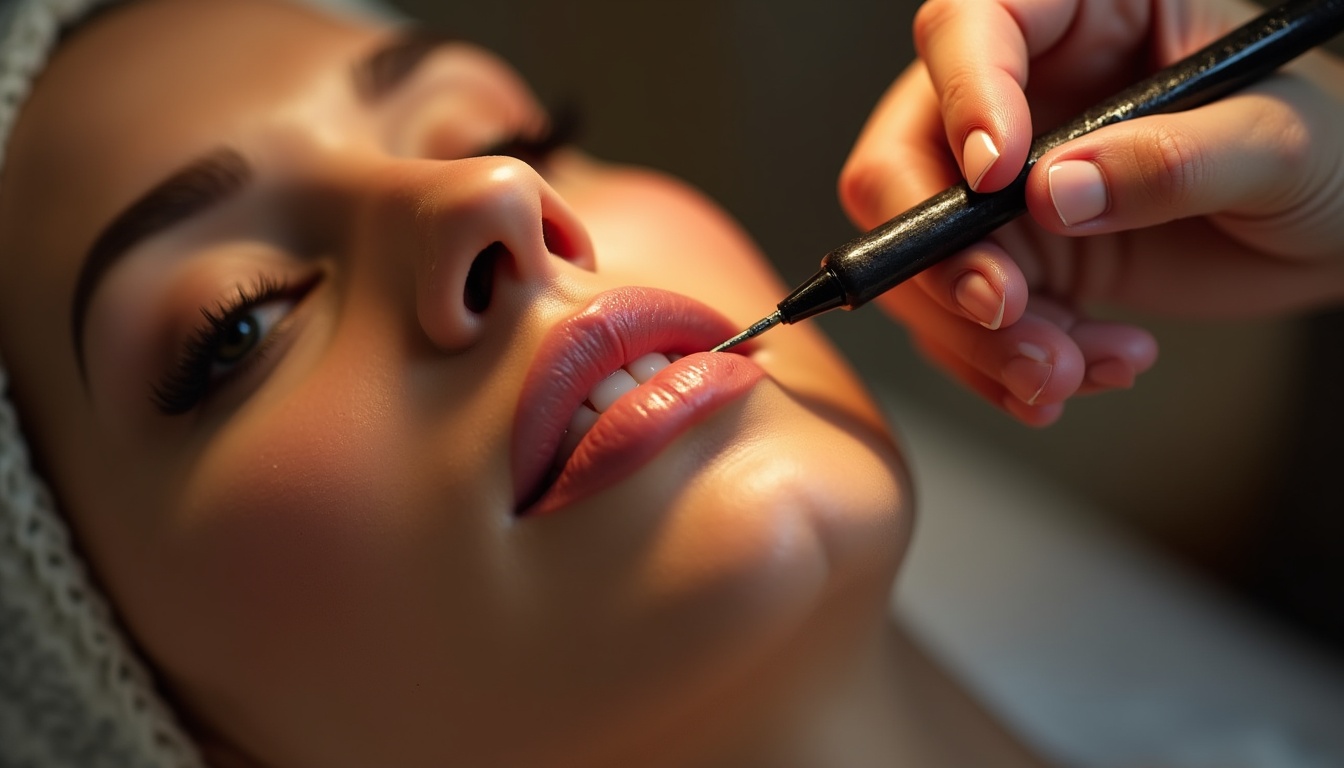 Femeie zâmbind cu buze micropigmentate, ilustrând pretul și beneficiile procedurii.