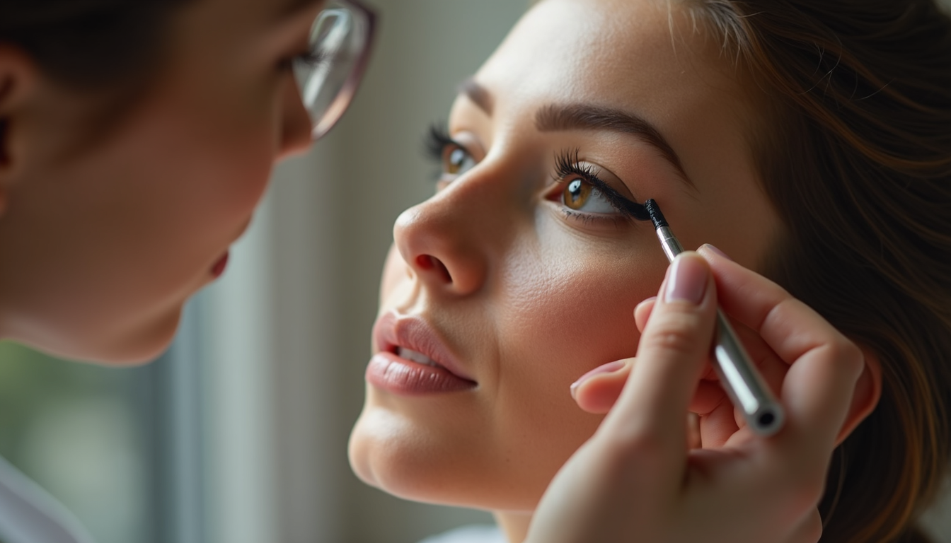Femeie cu micropigmentare pleoape impecabilă, zâmbind, demonstrând un look seducător