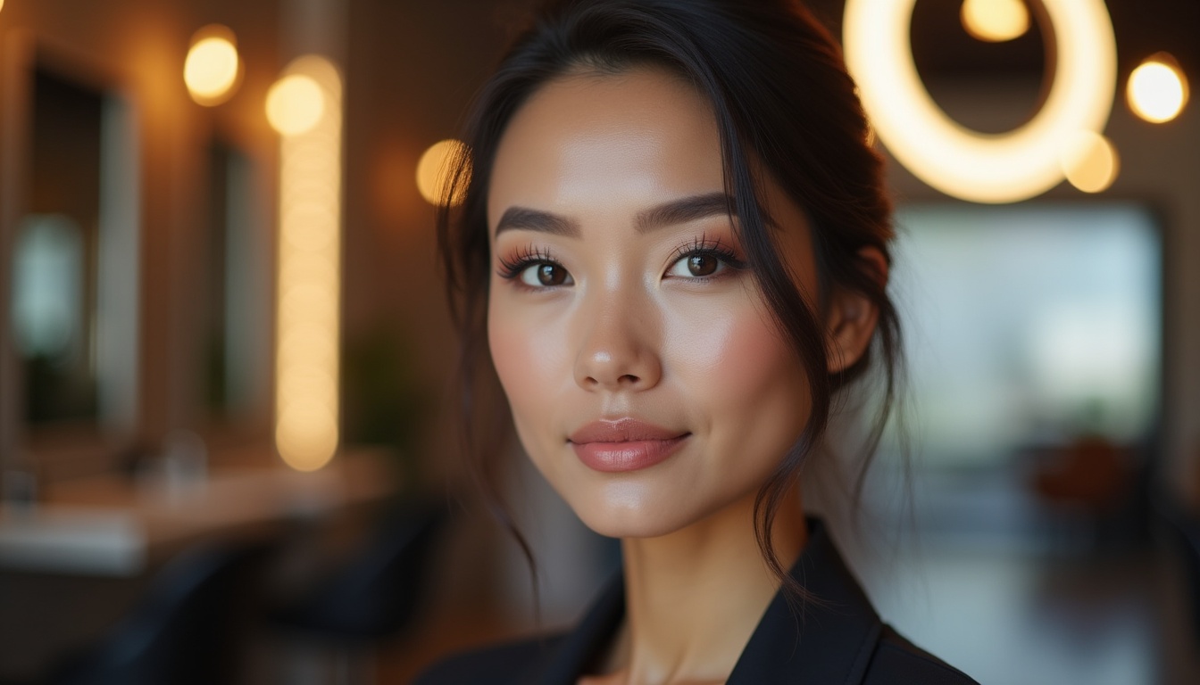 O femeie zâmbind, arătând sprâncene perfect conturate într-un salon modern de sprancene