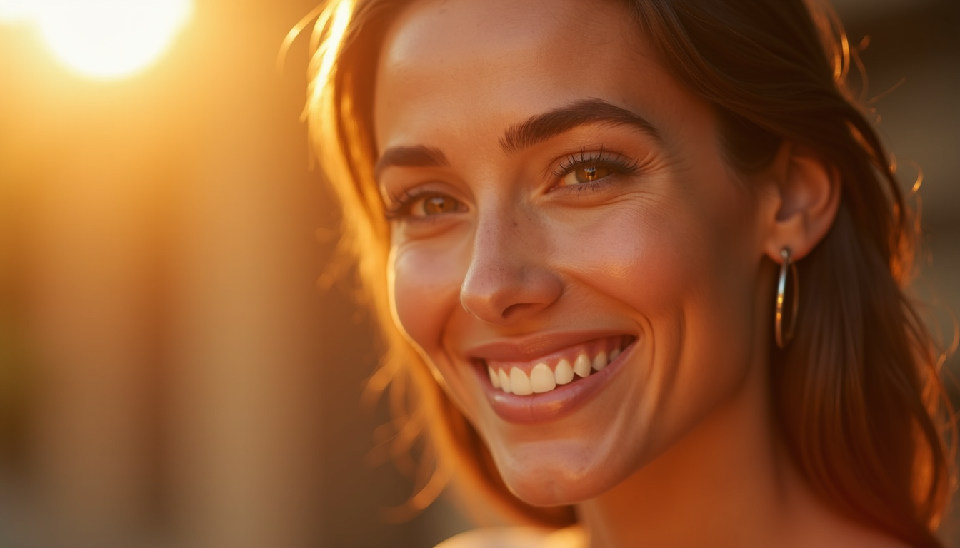 O femeie zâmbind, arătând sprâncene fir cu fir impecabile și bine definite, cu accent pe aspectul natural al sprâncenelor.